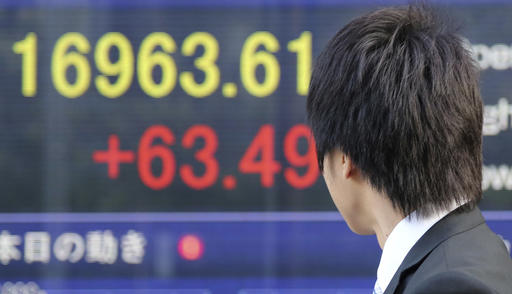 A man looks at an electronic stock board of a securities firm in Tokyo, Tuesday, Oct. 18, 2016. Asian stock markets rose Tuesday ahead of China's release of quarterly growth data and a policy meeting of the European Central Bank later in the week. AP