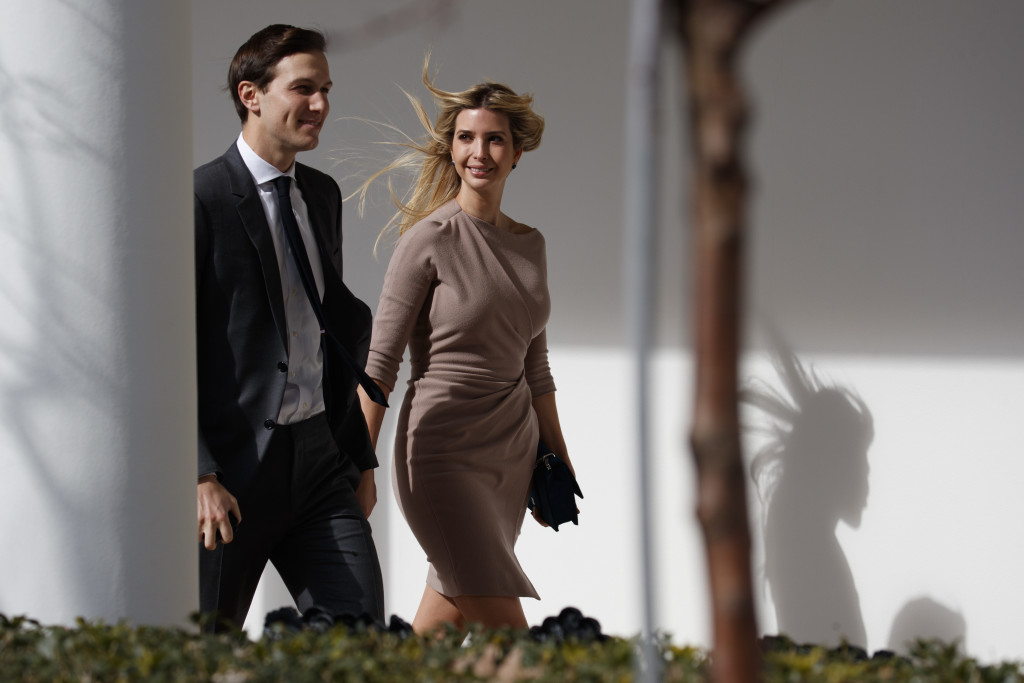  In this Friday, Feb. 10, 2017, file photo, Ivanka Trump, right, walks with her husband, Jared Kushner, senior adviser to the president, to a news conference with President Donald Trump and Japanese Prime Minister Shinzo Abe, at the White House in Washington.  AP