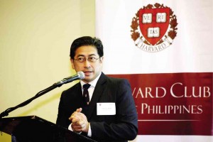 ANTHONY Amunategui Abad shares his thoughts during the induction of the new officers of the Harvard Club.