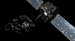 The image released by the European Space Agency ESA on Wednesday, Nov. 12, 2014, shows an artist rendering by the ATG medialab depicting lander Philae separating from Rosetta mother spaceship and descending to the surface of comet 67P/Churyumov-Gerasimenko. European Space Agency said Wednesday that the landing craft separated from Rosetta probe for descent to comet 67P.  AP PHOTO/ESA, ATG MEDIALAB