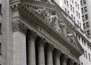 The facade of the New York Stock Exchange. The Dow jumped nearly 300 points Wednesday after the US Federal Reserve made no changes to its monetary policy, saying it can remain "patient" before moving to raise interest rates.  AP PHOTO/RICHARD DREW 