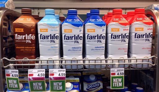  In this Friday, Jan. 23, 2015 photo, Fairlife milk products appear on display in the dairy section of an Indianapolis grocery store. The product is filtered to have more protein and less sugar than regular milk. AP 