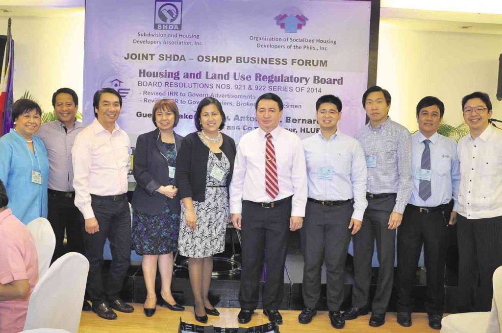 AT THE recent joint SHDA and OSHDP business forum held in Makati City, HLURB Commissioner and CEO Antonio Bernardo, is joined by (from left) SHDA corporate secretary Lillian Reyes, FVP Rodel Racadio, chair Ricky Celis, second vice president Fely Ramos and national president Armenia Ballesteros; and OSHDP chair Ryan Tan, secretary general Jefferson Bongat and PRO Santiago Ducay; and SHDA PRO-Internal Rene Ledesma Jr. 