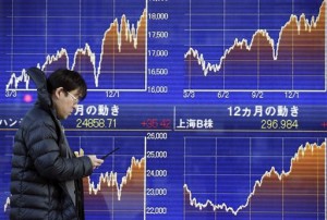 A man walks by an electronic stock board of a securities firm in Tokyo, Monday, March 2, 2015. Asian equities were mostly lower Tuesday after healthy gains in the previous session attracted profit-takers, offsetting a strong lead from Wall Street.  AP PHOTO/KOJI SASAHARA