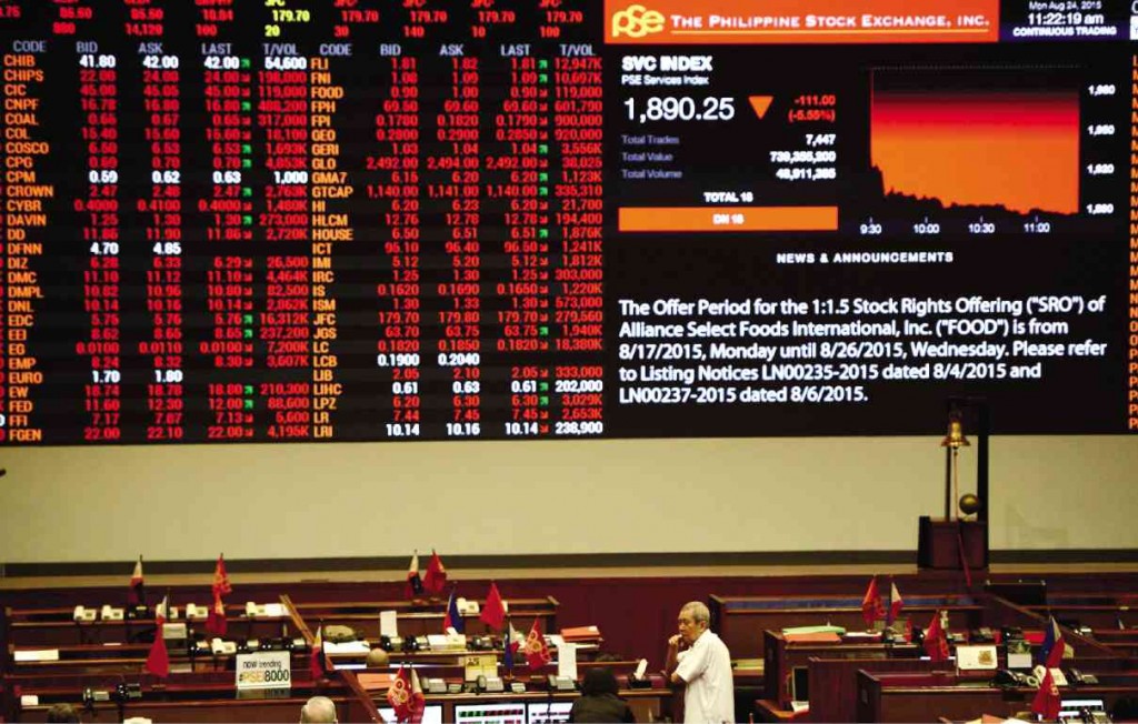 BLOODBATH ON STOCK MARKET  Red dominated the electronic board on the trading floor of the Philippine Stock Exchange in Makati City as the stock market plunged 6.40 percent by midday Monday, pulled down by concerns on the Chinese economy and the slump in commodity prices. The local stock market is now down 17 percent from its peak earlier this year.  AFP