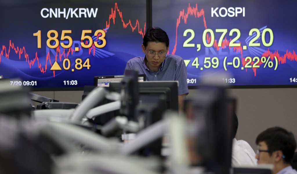 A currency trader works near the screen showing the Korea Composite Stock Price Index (KOSPI), right, at the foreign exchange dealing room of the Korea Exchange Bank headquarters in Seoul, South Korea, Monday, July 20, 2015. Asian stocks mostly drifted lower Monday as investors put Greece's debt crisis behind them to focus on the outlook for interest rates, corporate earnings and China's economy. (AP Photo/Lee Jin-man)