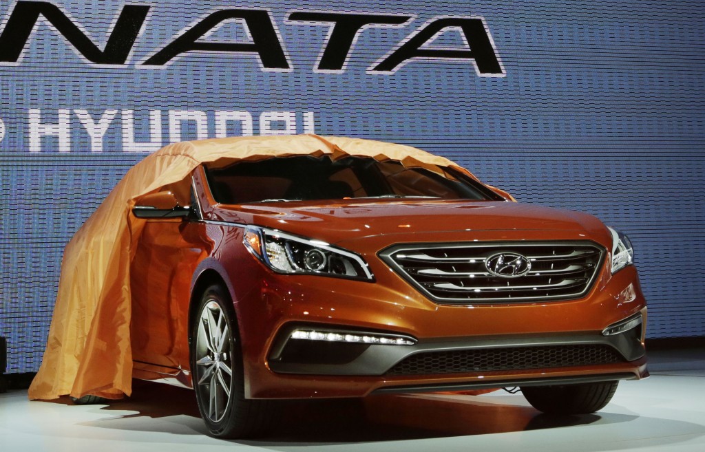 FILE - In this April 16, 2014 file photo, the 2015 Hyundai Sonata is introduced at the New York International Auto Show, in New York. Elaborate new transmissions are helping automakers meet rising fuel economy standards.  (AP Photo/Mark Lennihan, File)
