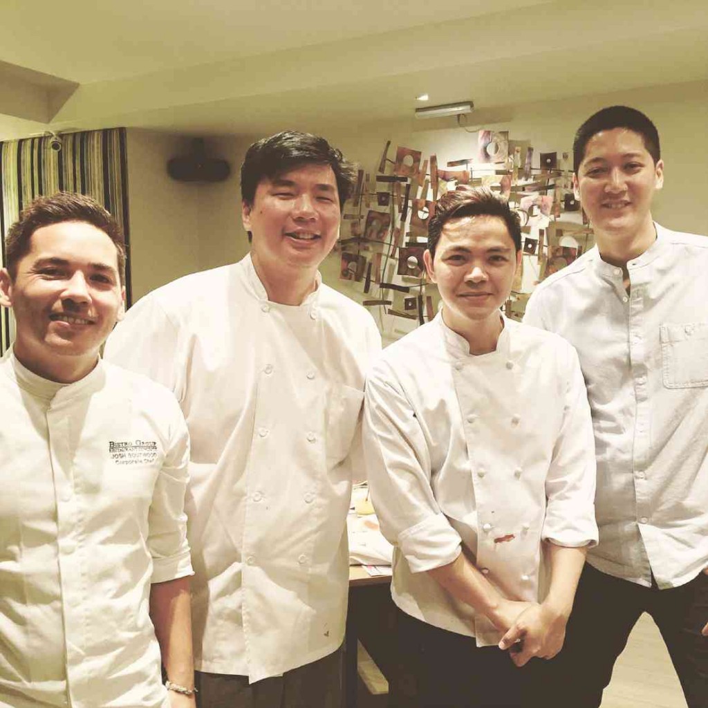 THE STARS of the first F&B Report pop-up “In Living Color.” (From left) Chefs Josh Boutwood, Mark Tan of Allium, Miko Aspiras of Le Petit Souffle with editor in chief Angelo Comsti.