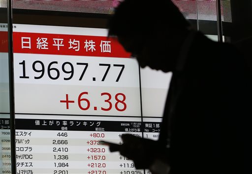A man using a smartphone walks past an electronic stock board of a securities firm showing Japan's benchmark Nikkei 225 index that gained 6.38 points or 0.03 percent and closed at 19,697.77 in Tokyo, Thursday, Nov. 12, 2015. World stock markets struggled for direction on Thursday as weak oil prices, mixed Chinese economic data and the rising prospect of a Fed rate hike dulled investor interest. (AP Photo/Toru Takahashi)