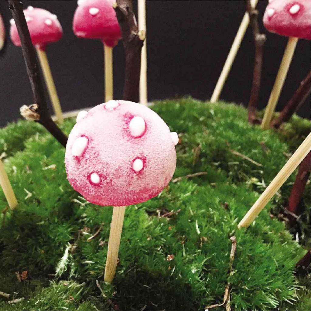 CHEF Mahi’s visually arresting dessert of mushroom-looking passion fruit lollipops. 