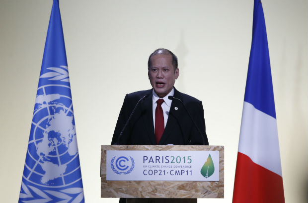 President Benigno Aquino III delivers his statement at the COP21, United Nations Climate Change Conference, in Le Bourget, outside Paris, Monday, Nov. 30, 2015. AP