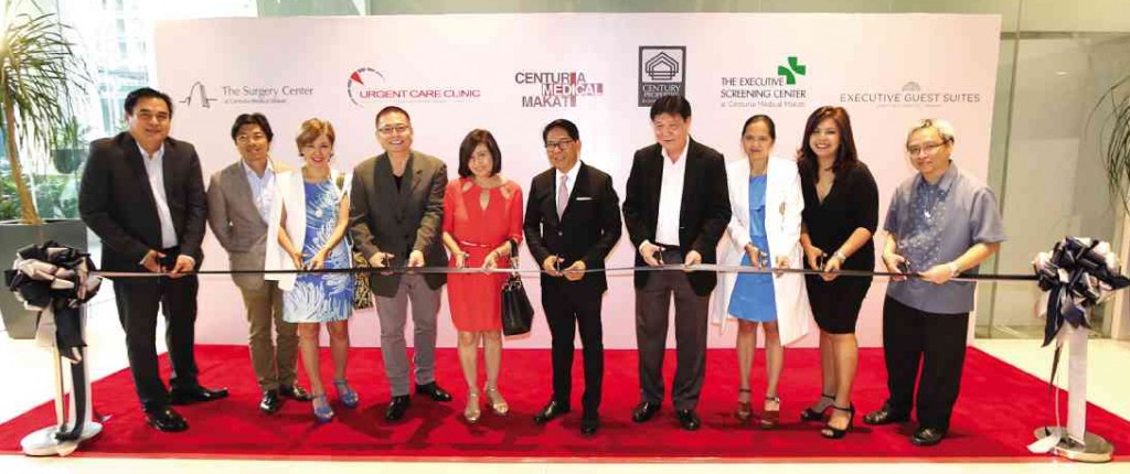 FROM LEFT: Centuria Medical Makati general manager Rey Dimaano, Century Properties COO Jose Marco Antonio, Dr. Cristina Puyat of Asian Stem Cell Institute, Doctors James and Sally Joaquino of the Surgery Center, Century Properties chair and CEO Jose E.B. Antonio, Dr. Oscar Cabahug of the Executive Screening Center, Dr. Farah Aure of the Surgery Center, the Surgery Center COO  Zena Bernardo and Dr. Gentry Dee of the Executive Screening Center