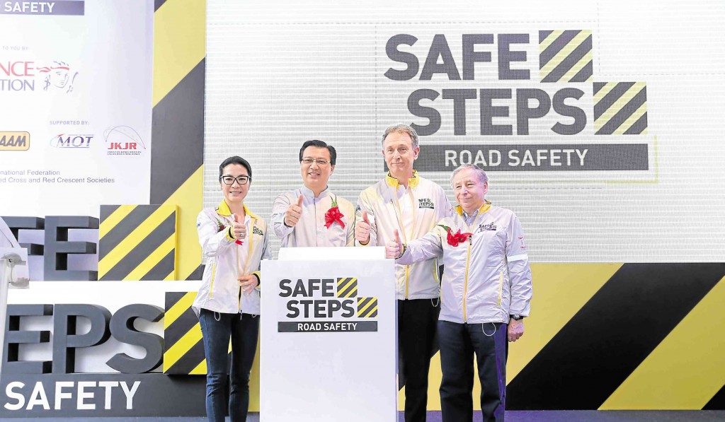 (FROM left) Michelle Yeoh, Malaysia’s Minister for Transport Dato Sri Liow Tiong Lai, Prudence Foundation chair Donald Kanak and UN Secretary General’s Special Envoy for Road Safety Jean Todt at the launch of the Safe Steps Road Safety Campaign in Kuala Lumpur, Malaysia.