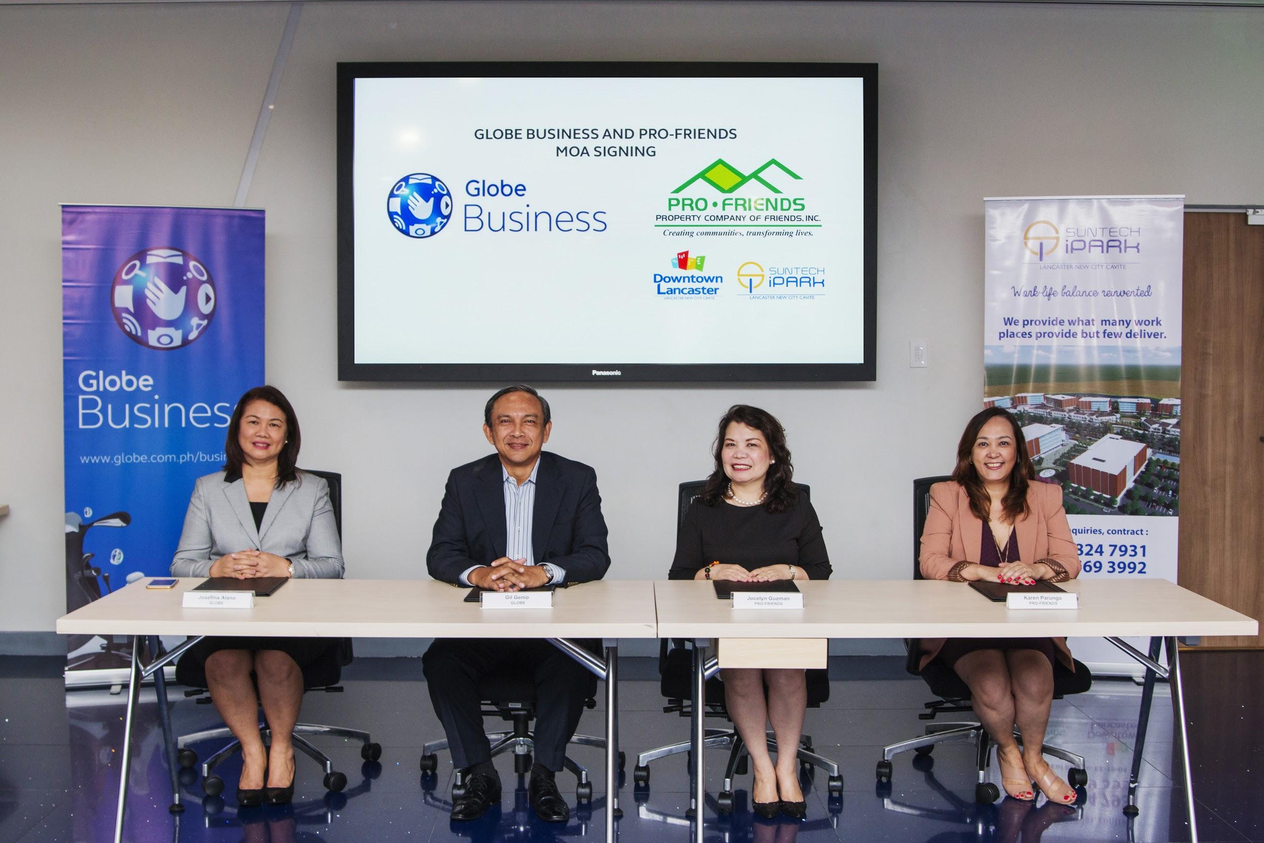Formalizing the partnership between Globe and Pro-Friends are Globe Chief Technology and Information Officer Gil Genio (2nd from the left) and Pro-Friends Senior Executive Vice President Jocelyn Guzman (3rd from the left). With them are Pro-Friends New Projects Development Head Jessie Alano (leftmost) and Pro-Friends Vice President for Commercial and Retail Development Karen Parungo (rightmost).