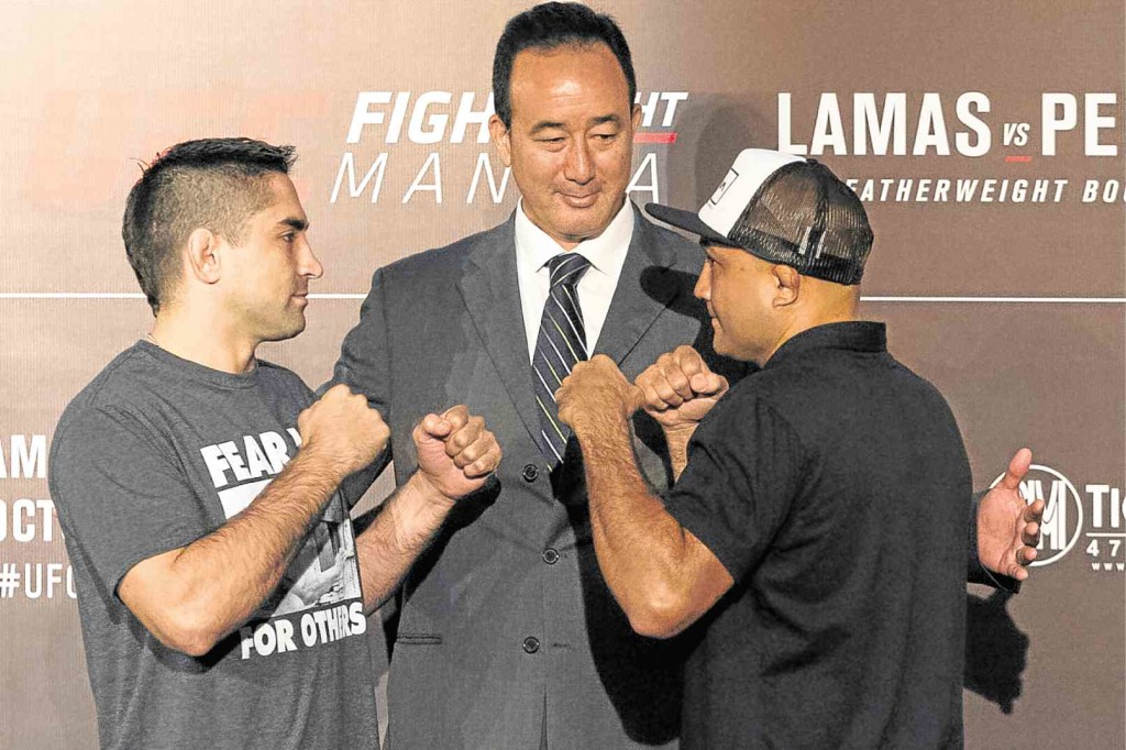 (From left) Ricardo Lamas, UFC General Manager Ken Berger, and BJ Penn promote the coming UFC Fight Night in Manila headlined by the featherweight bout of Lamas and Penn. This is the only UFC fight to be held in Asia this year.    PHOTOS BY ALEXIS CORPUZ