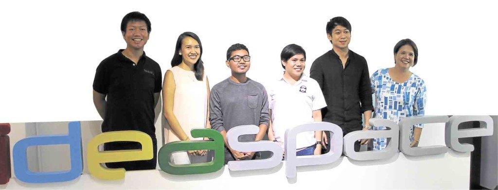 IdeaSpace names new startups qualified to join the 2016 acceleration phase. (From left) Andrew Cua (Tralulu), Rio Ilao (Tarkie), Ruel Amparo (Cropital), Oshie King (Cleaning Lady) and JC Bisnar (Investagrams), with Diane Eustaquio, IdeaSpace executive director.