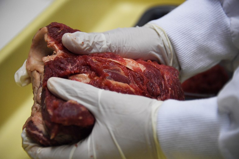 Experts get ready for analyzing animal meat seized in different markets in Rio de Janeiro, Brazil, on March 20, 2017, following a police investigation reporting allegations that corrupt exporters sold tainted products. After two years of investigations within the "weak flesh" operation, Brazilian Federal police dismantled last week a vast network of adultered food, envolving major meat producers that bribed health inspectors to certify tainted food as fit for consumption and exportation. Brazilian meat is exported to more than 150 countries, with principal markets as far apart as Saudi Arabia, China, Singapore, Japan, Russia, the Netherlands and Italy. / AFP PHOTO / VANDERLEI ALMEIDA