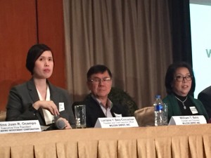 Wilcon president Lorraine Belo Cincochan, founder and chair William Belo and COO Rosemarie Ong at a press briefing on Wilcon's IPO on March 10, 2017
