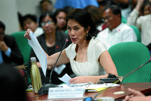DENR SECRETAREY GINA LOPEZ / MARCH 8, 2017 Environment and Natural Resources Secretary Regina Lopez gestures while explaining her position on open pit mining during the Commission on Appointments hearing at the Senate on Wednesday, March 8, 2017. INQUIRER PHOTO / GRIG C. MONTEGRANDE