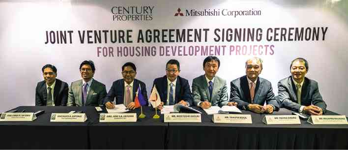 The Century Properties Group and Mitsubishi Corp. signed a joint venture agreement last year to develop housing projects now called PHirst Park Homes. (From left) CPG officials Jose Carlo R. Antonio, CFO; Marco R. Antonio, COO; and Jose E.B. Antonio, chair and CEO; with Mitsubishi officials Hidetoshi Suzuki, general manager of Asean real estate development; Takuya Kuga, division COO; Yoshio Amano, general manager, Manila branch; and Masahiro Nagaoka, deputy general manager, Manila branch.