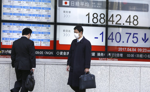Men walk past an electronic stock board showing Japan's Nikkei 225 index at a securities firm in Tokyo, Tuesday, April 4, 2017.  Asian stock markets were mostly lower on Tuesday after disappointing U.S. car sales data contributed to a bleak day on Wall Street. Investors are cautiously awaiting President Donald Trump's meeting with the Chinese president later this week. (AP Photo/Eugene Hoshiko)