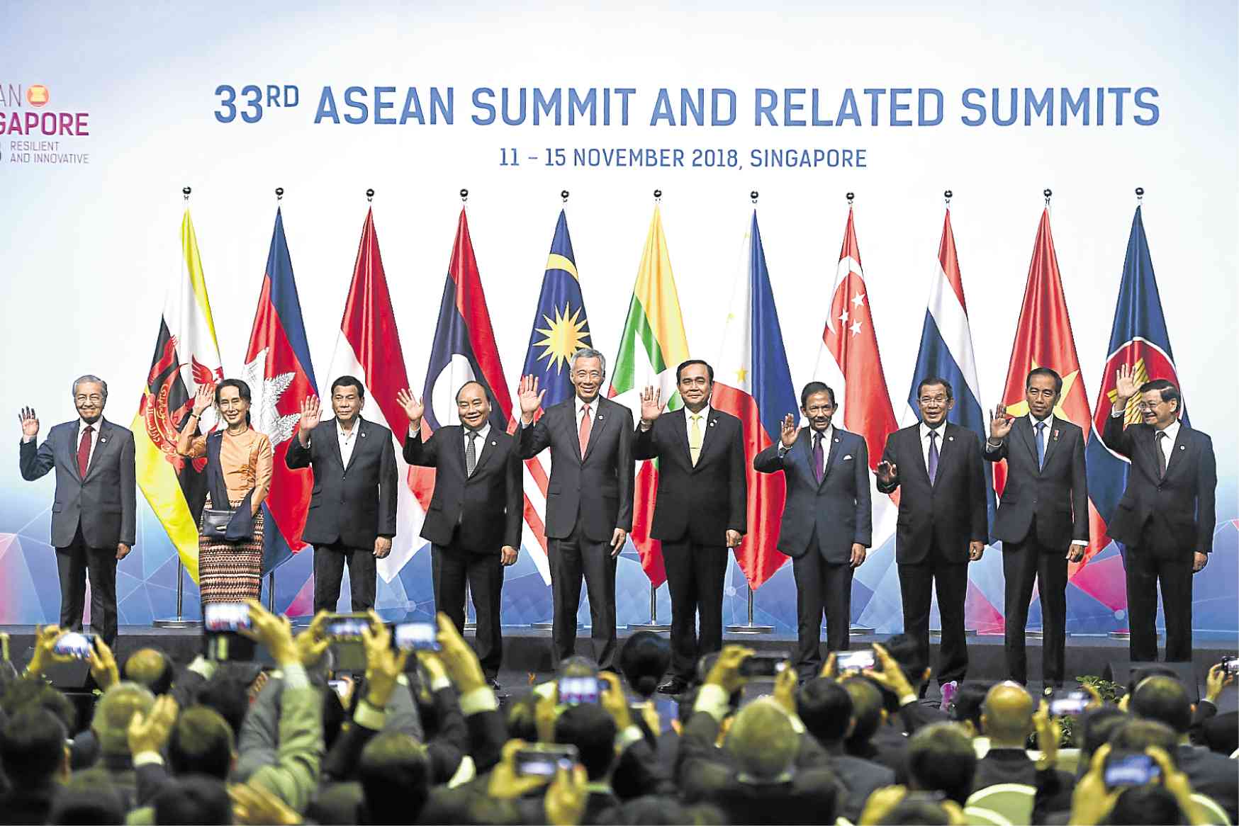 STRONG TALK ABOUT FREE TRADE Members of the Association of Southeast Asian Nations, many of which rely on trade to grow their economies, are responding to US President Donald Trump’s tariff battle with China with strong talk about free trade at the Asean Summit in Singapore. —AFP