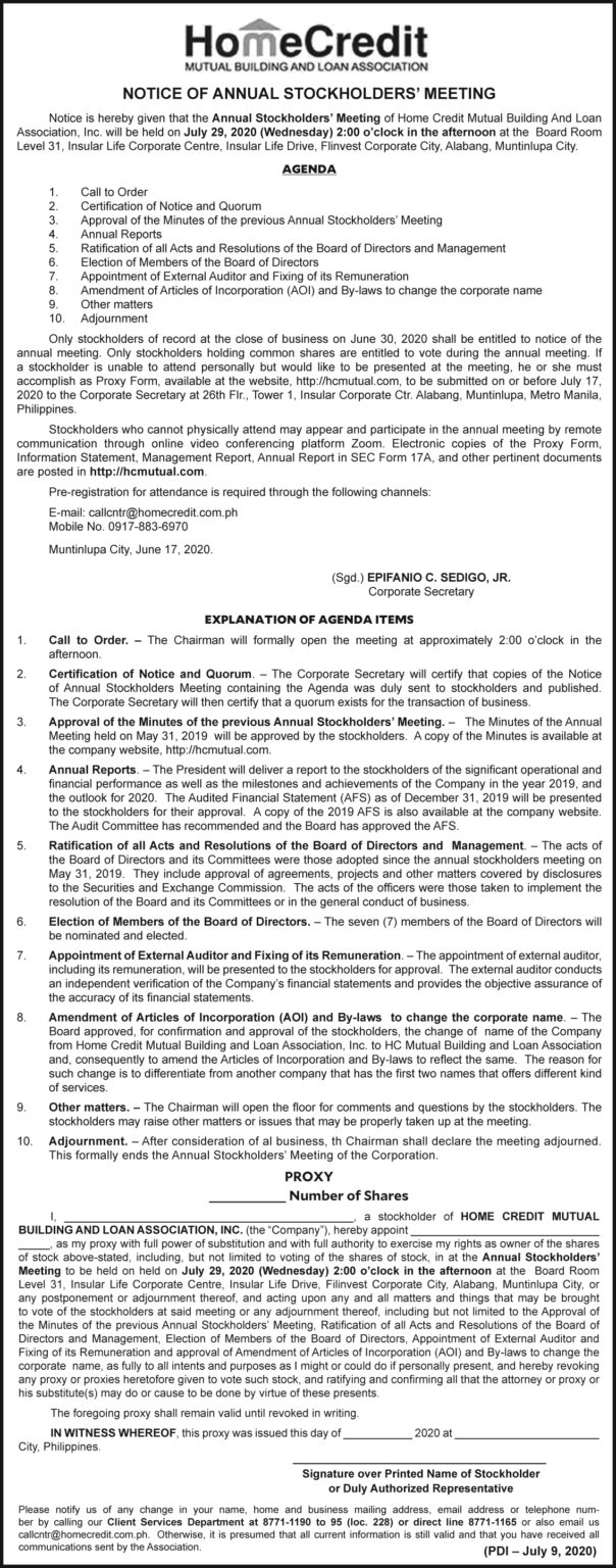 Home Credit Mutual Building and Loan Association Annual Stockholders