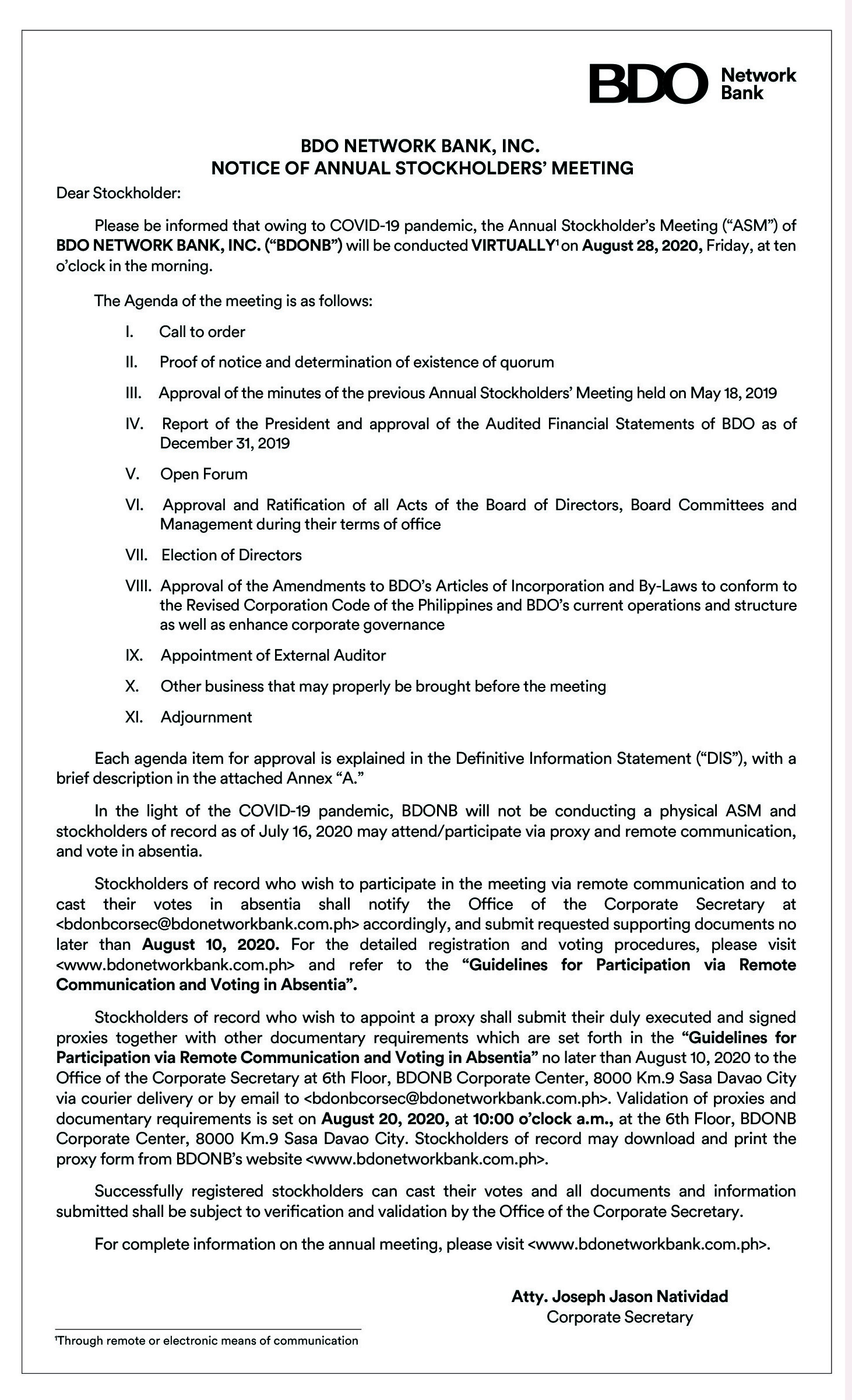 BDO Network Bank, Inc. Notice of Annual Stockholders' Meeting ...