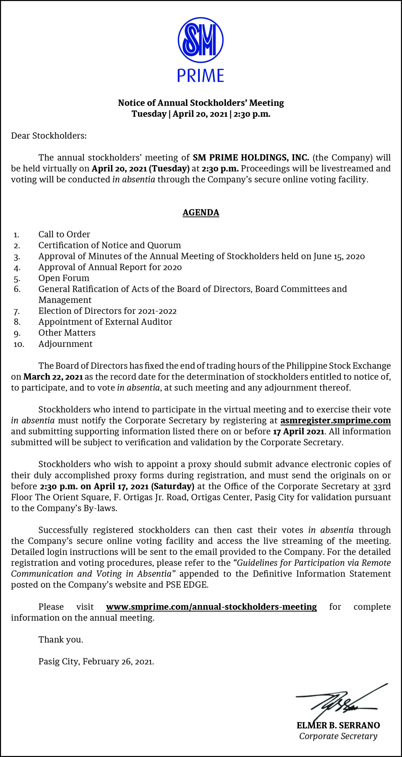 Notice of Annual Stockholders' Meeting of SM Prime Holdings, Inc. 2 of ...