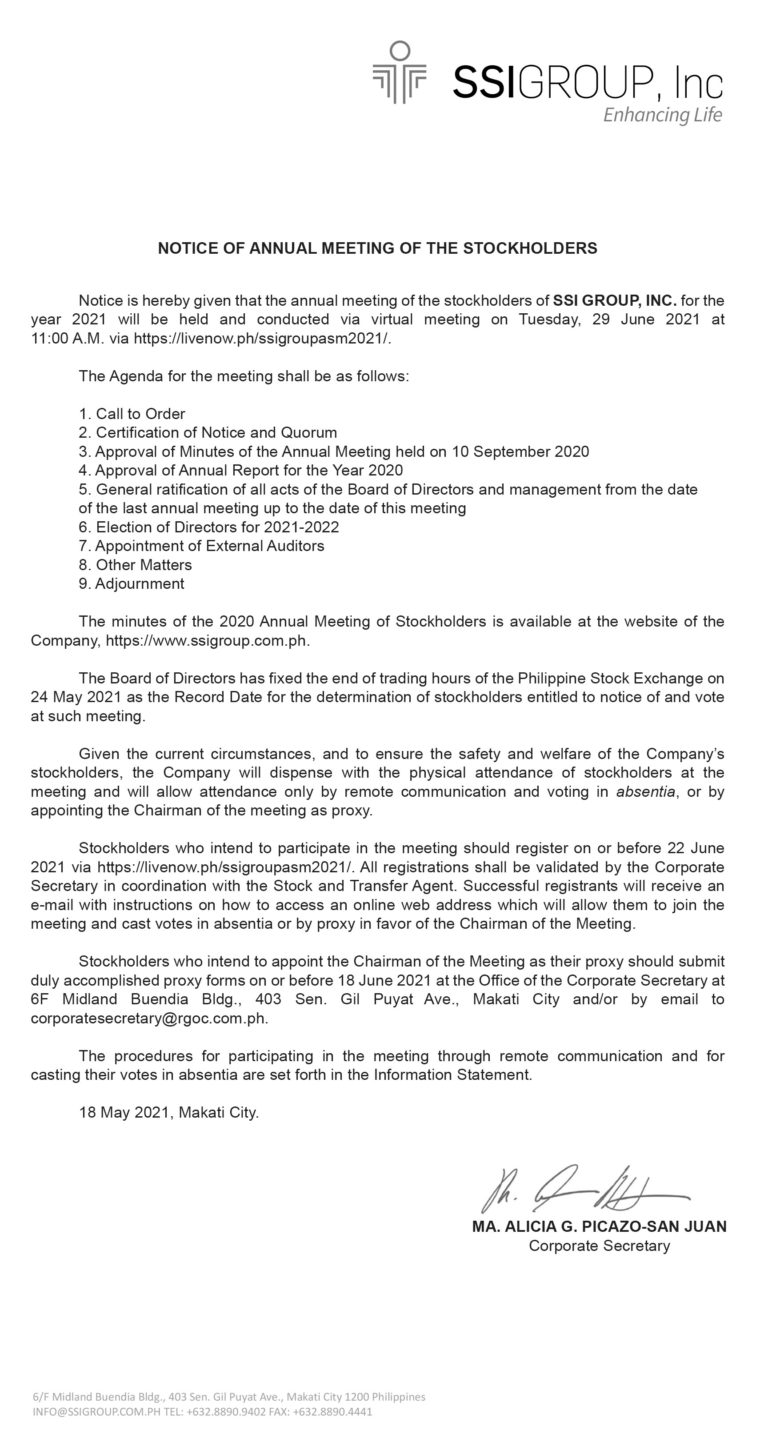 Notice of Annual Meeting of the Stockholders of SSI Group, Inc.