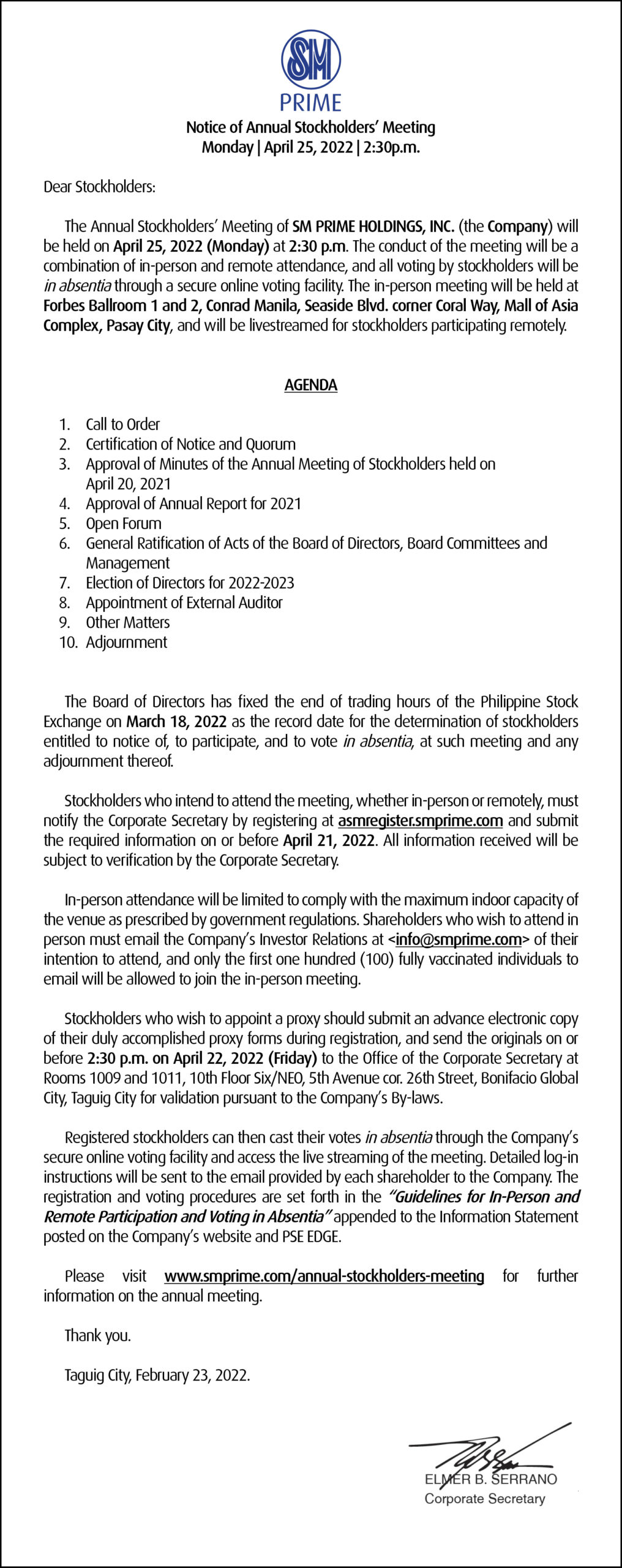 SM Prime Holdings, Inc. Notice of Annual Stockholders' Meeting 2 of 2