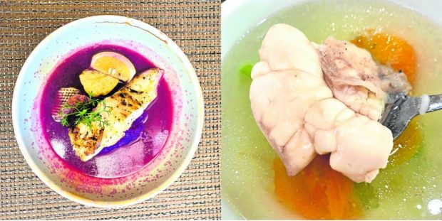 BEST OF THE ISLANDS   “Tinolang Isda” at Part’ebelle Seafood Restaurant in Cebu City (left); ube sinigang with pan-seared snapper at Allegro Restaurant in Bluewater Maribago, Mactan —Contributed photos