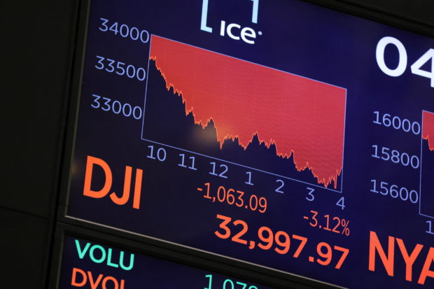 The Dow Jones Industrial Average is displayed on a screen after the close of the day's trading at the New York Stock Exchange (NYSE) in Manhattan, New York City, U.S., May 5, 2022. REUTERS/Andrew Kelly
