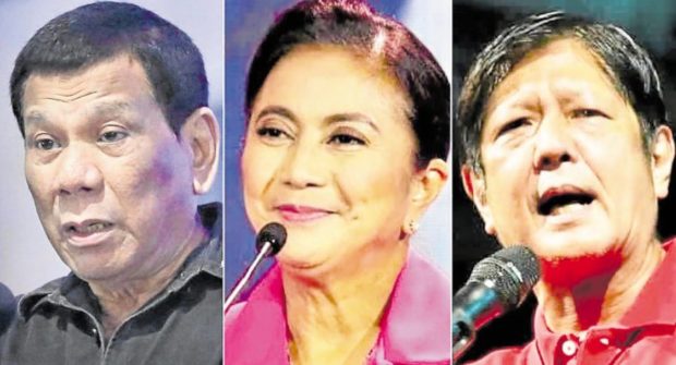 BRAND OWNERS (From left) President Duterte, Leni Robredo and Ferdinand Marcos Jr. —CONTRIBUTED PHOTOS