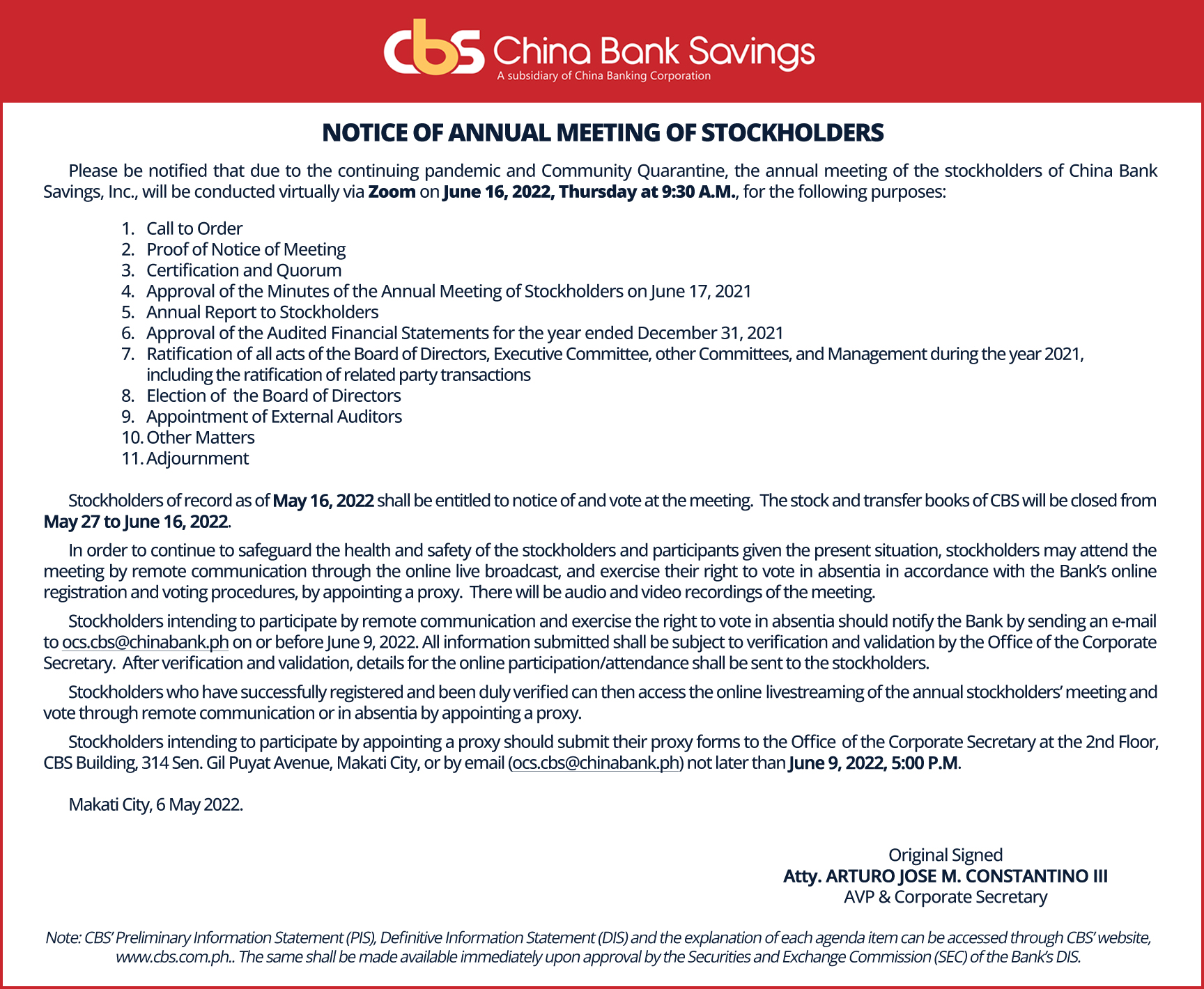 China Bank Savings, Inc. Notice Of Annual Stockholders' Meeting (2 Of 2 ...