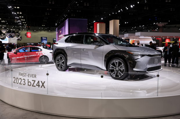 FILE PHOTO: 2023 Toyota bZ4X all-electric SUV is displayed during the 2021 LA Auto Show in Los Angeles, California, U.S. November, 17, 2021. REUTERS/Mike Blake