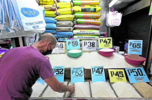 Rice prices on display at a store