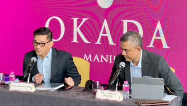 Norman Golez and Diosdado Trillana, lawyers for the camp of businessmen Kazuo Okada and Antonio Cojuangco, brief the press Monday (July 11) morning about the controversial takeover of the Okada Manila casino resort last May 31. DAXIM LUCAS