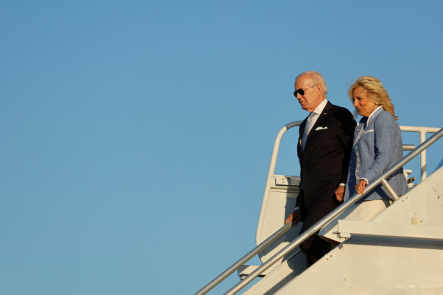 President Joe Biden and First Lady Jill Biden disembarking from Airforce One