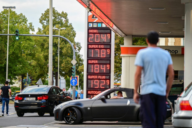 Petrol prices displayed at a pump station