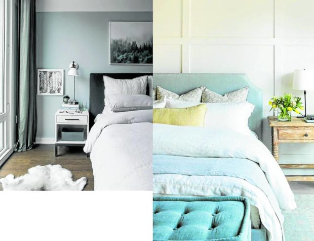 Soft material and cool pastel shades of blue simulate a cooling and relaxing environment for sleep.—Will Taylor (bright.bazaa) and Whitesands (mydomaine.com)