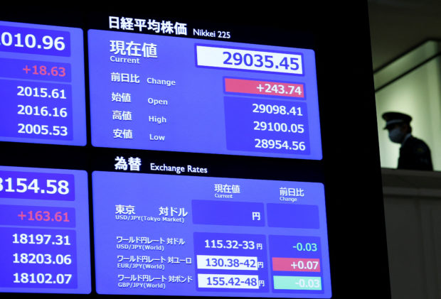 A monitor showing stock index price at Tokyo Stock Exchange
