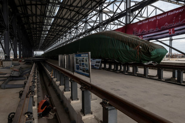 An Electric Multiple Unit high-speed train for a rail link project, is seen at the Tegalluar train depot construction site in Bandung