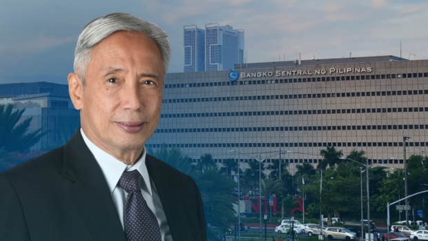 BSP Governor Felipe Medalla photo superimposed over Bangko Sentral ng Pilipinas building. STORY: BSP raises interest cap on credit card transactions to 3% per month