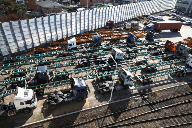 Trucks parked at a terminal of Inland Container Depot in South Korea