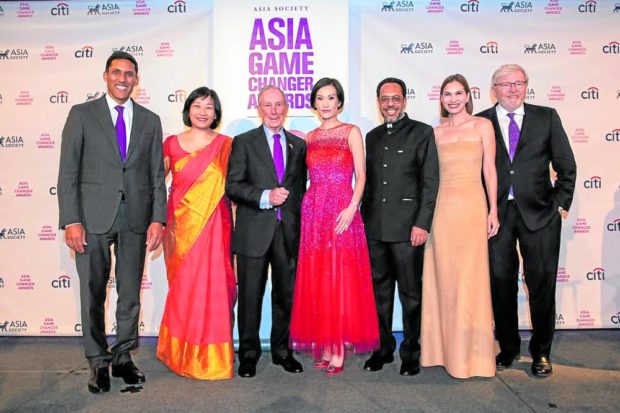 The 2022 Asia Game Changers onstage (from left) Rajiv Shah, Kristin Kagetsu, Michael Bloomberg, Ida Liu (emcee), Arunabha Ghosh, Nanette Medved-Po and Asia Society president and CEO Kevin Rudd —CONTRIBUTED PHOTOS