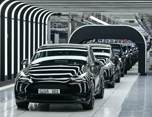 Model Y cars in Tesla Gigafactory in Germany