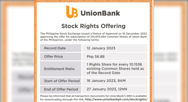 UnionBank Announces Stock Rights Offering Price Of ₱56.88