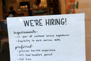 Hiring sign in a cafe in Manhattan