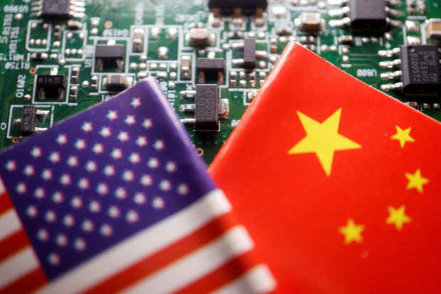 Flags of China and U.S. on printed circuit board